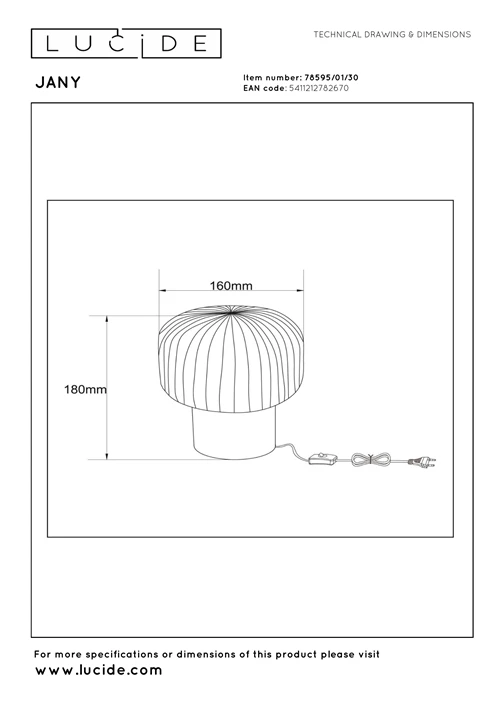 Lucide JANY - Table lamp - Ø 16 cm - 1xE14 - Black - technical